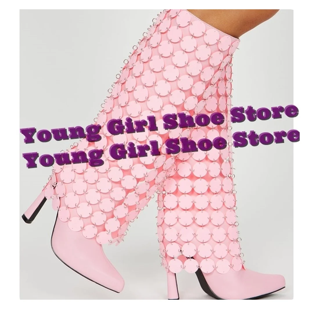 Sweet Pink Knee-high Boots Pointed Toe Thin High Heels O-ring Details Solid Slip-on Women Boots Pull-on Hot Girl Catwalk 2025