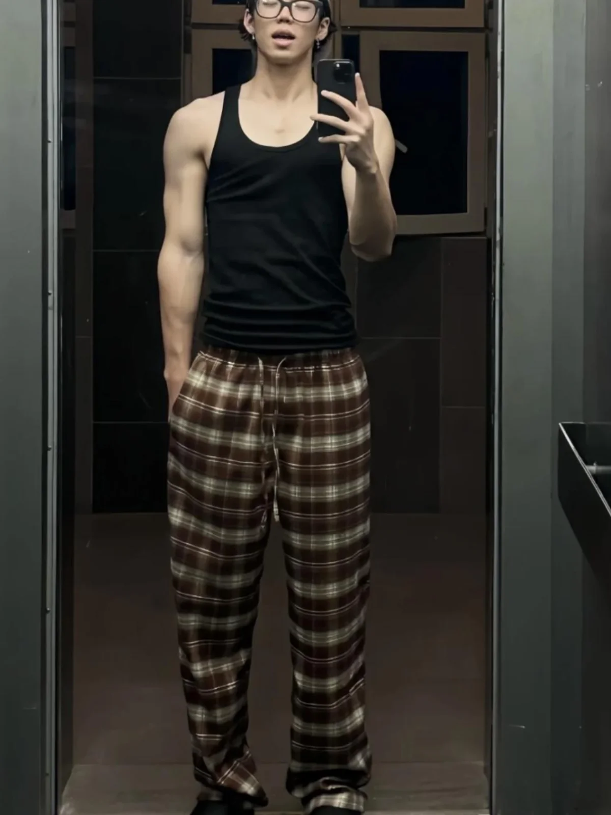 

Retro Hong Kong Sle Lazy Straight Plaid Pants Wide Leg Casual Loose Home Wear Women's Couple Autumn Long Trousers