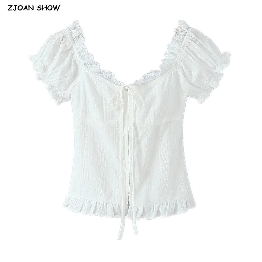 

2025 White Embroidery Lace Bow Wood ears Collar Short Sleeve Shirt Women Front Hook buttons Elastic Back Slim Waist Crop Tops
