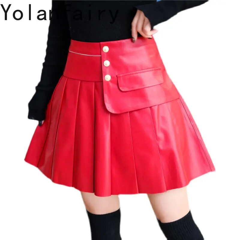 YOLANFAIRY Women Genuine Sheepskin Red Pleated Skirt High Waist Korean A-line Mini Skirts Woman Real Leather Short Skirt Autumn