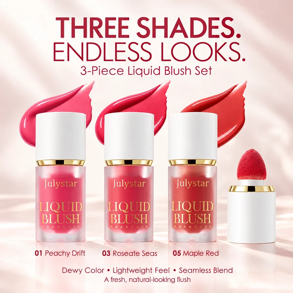 3Pcs Liquid Blush Set, Dewy Lightweight Liquid Cheek Tint, Sponge Applicator, Seamless Blend Natural Flush Multi-use Makeup