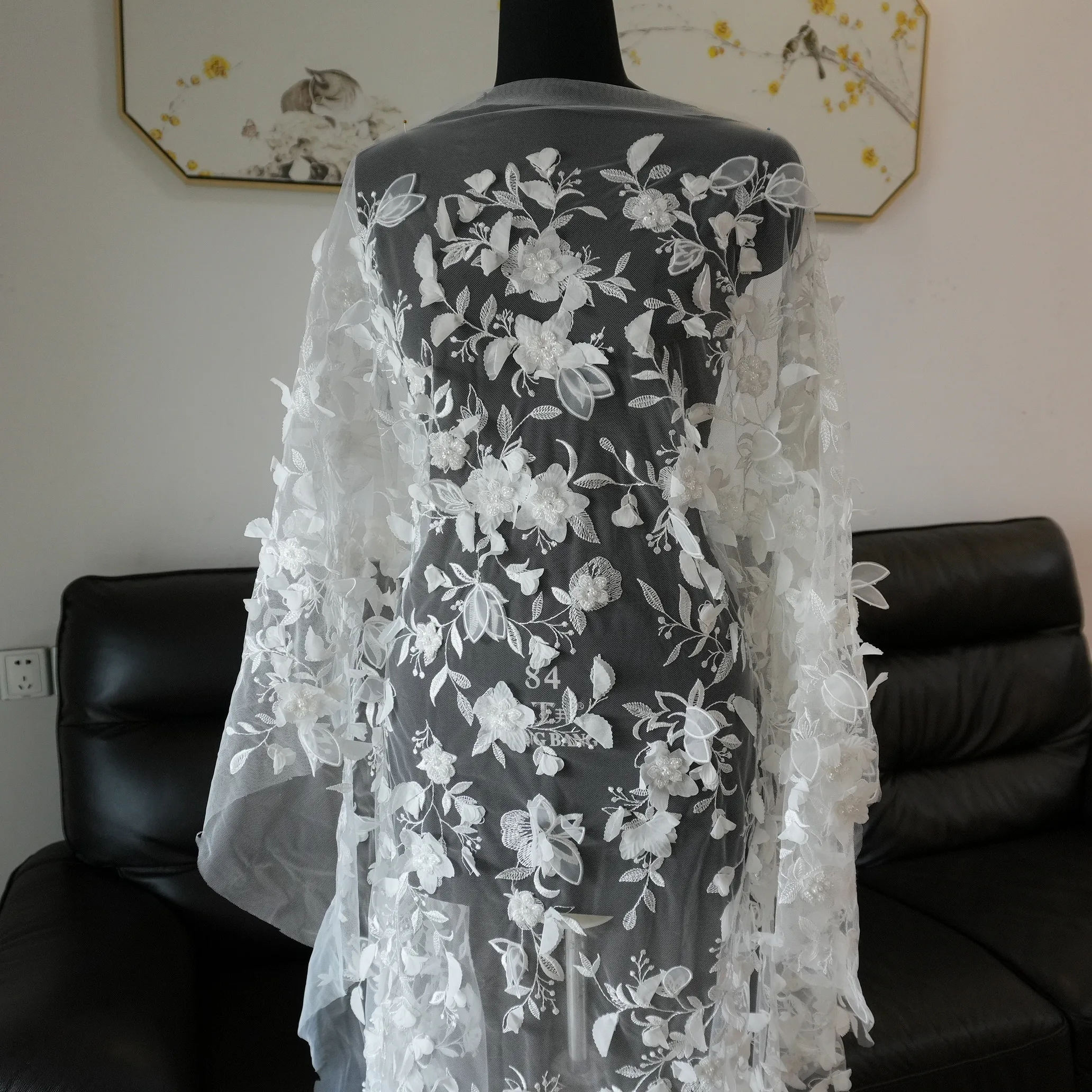 

New Luxury Pearl Embroidery Lace Decal Fabric Handmade 3D Flower Wedding Dresses, Dresses, Headdresses, Background Decorations