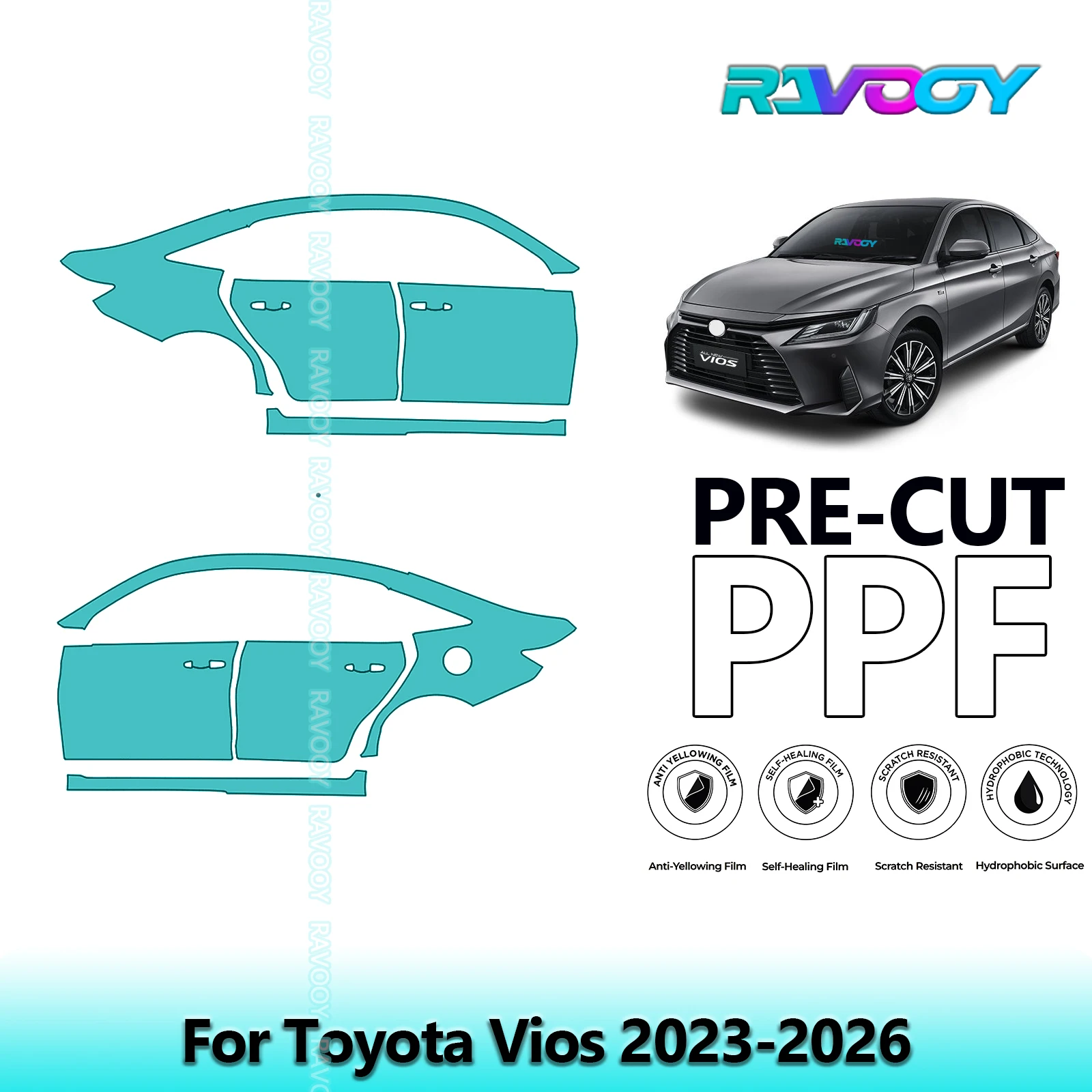 

For Toyota Vios 2023-2026 8.5mil Clear Matte Pre-Cut PPF Door & A/B Pillar Kit TPU Paint Protection Film Set