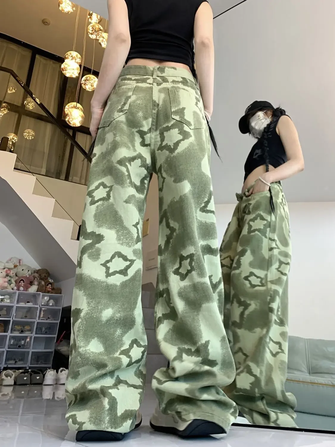 Green camouflage work pants for women in spring, summer, autumn, new trendy brands, niche loose wide leg pants