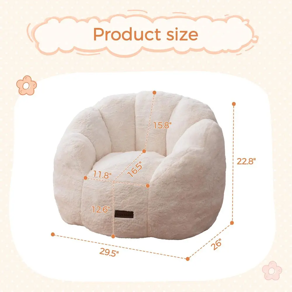 Kids Bean Bag Chair, Floral Shaped Bean Bag Sofa, Beige Plush Faux Fur Toddler Couch with Petal Backrest for Boys Girls, Stuffe
