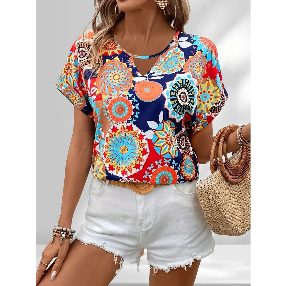 

Plus Size 1XL-5XL Summer Women's Casual Print Crew Neck Sleeve Shirt Ladies Casual Short Sleeve T-shirt Tops