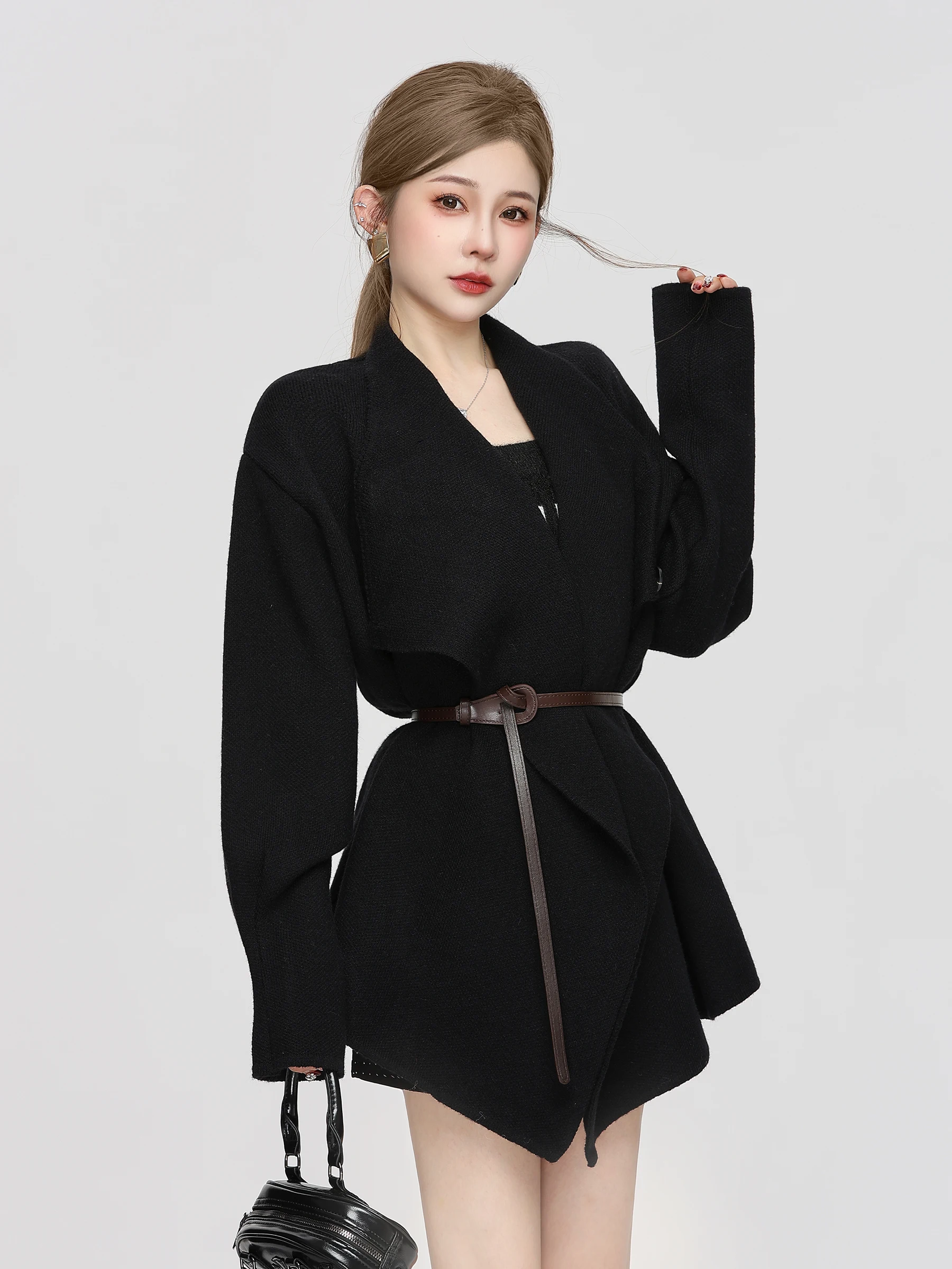 

Bla Knitted Loose V-Ne Sweater Coat Women's Autumn Winter High Waist Belted Open Cardigan Comfortable Faionable Knitwear