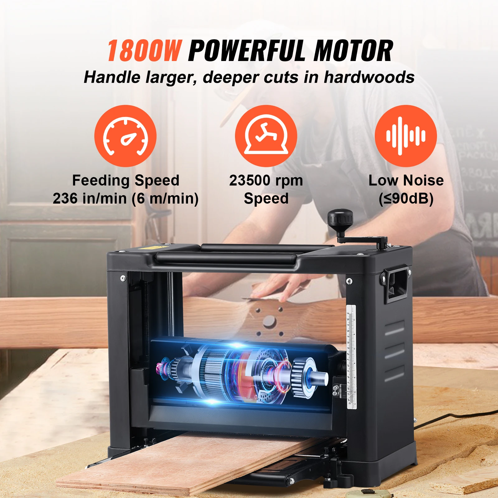 VEVOR Pialla a Spessore 1800W per Legno Altezza Regolabile Lama in Acciaio al Carbonio, Pialla Filo Spessore 15 Amp 1800 W 23500 giri/min, Pialla a Spessore per Lavorazione di Legno Larghezza 33 cm