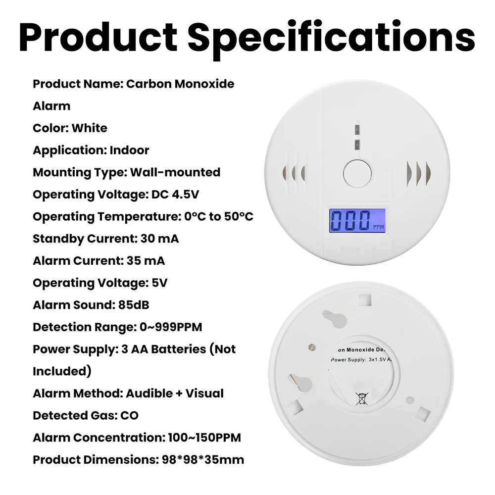 Carbon Monoxide Detector with LCD Display Carbon Monoxide Alarm Powered by Battery For House Apartment Kitchen