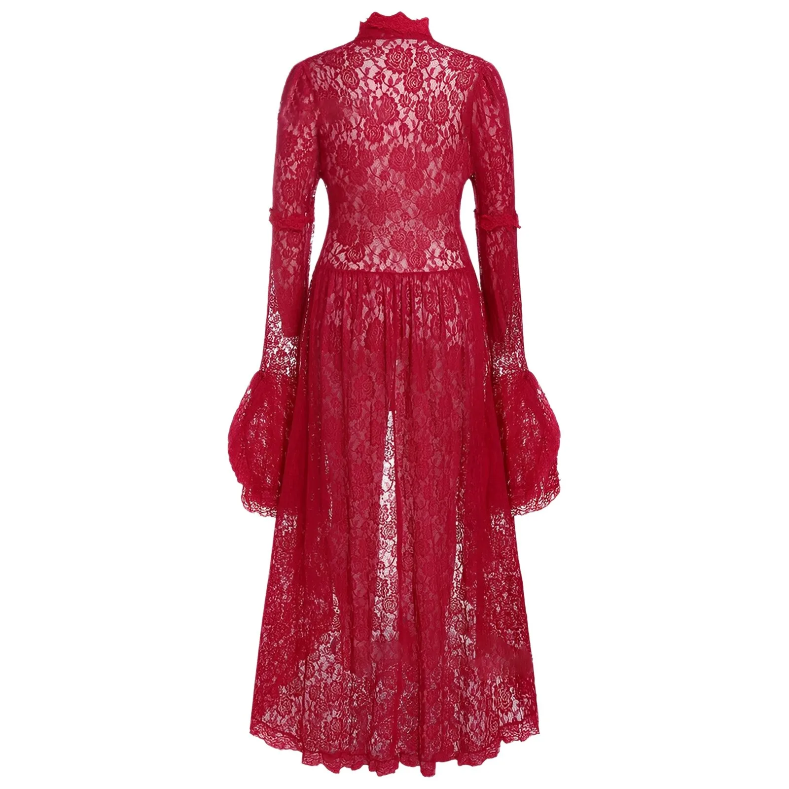 فستان عتيق من عصر النهضة في القرون الوسطى للنساء أزياء تنكرية مزهّرة بأشرطة من الدانتيل فستان محكمة بأكمام جرس فستان قوطي داكن #4