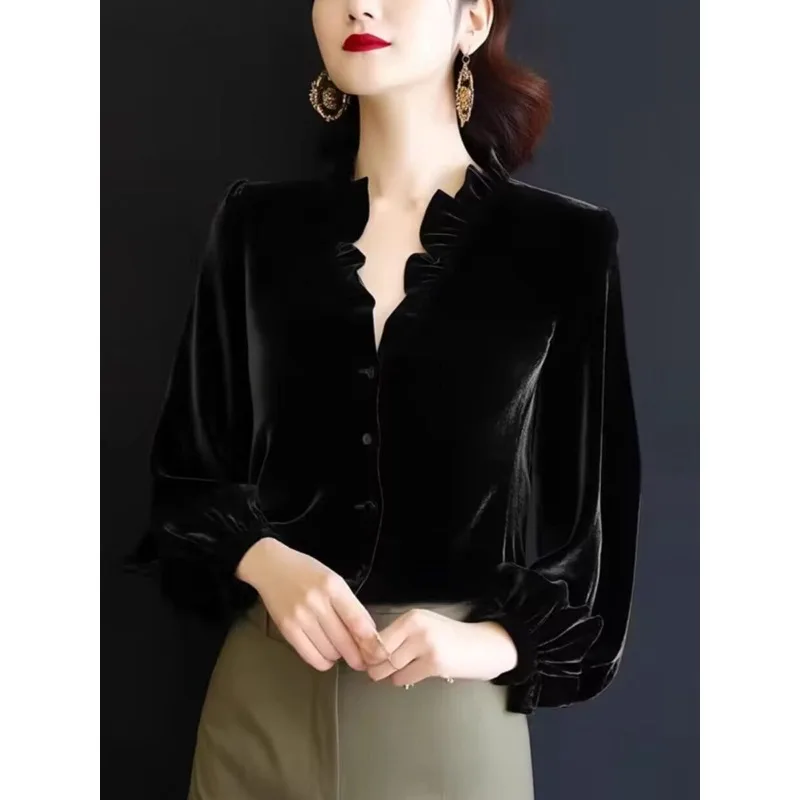 الفرنسية الرجعية الذهب المخملية تقسم أعلى الخريف الشتاء قميص المشاهير الجديد بأكمام طويلة #2