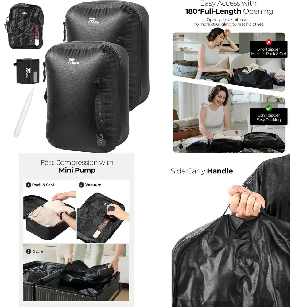 

Беспроводные вакуумные пакеты для путешествий, 180 шт. ° Водонепроницаемые многоразовые компрессионные пакеты на молнии для хранения вещей в багаже и дома (2 шт. + насос)