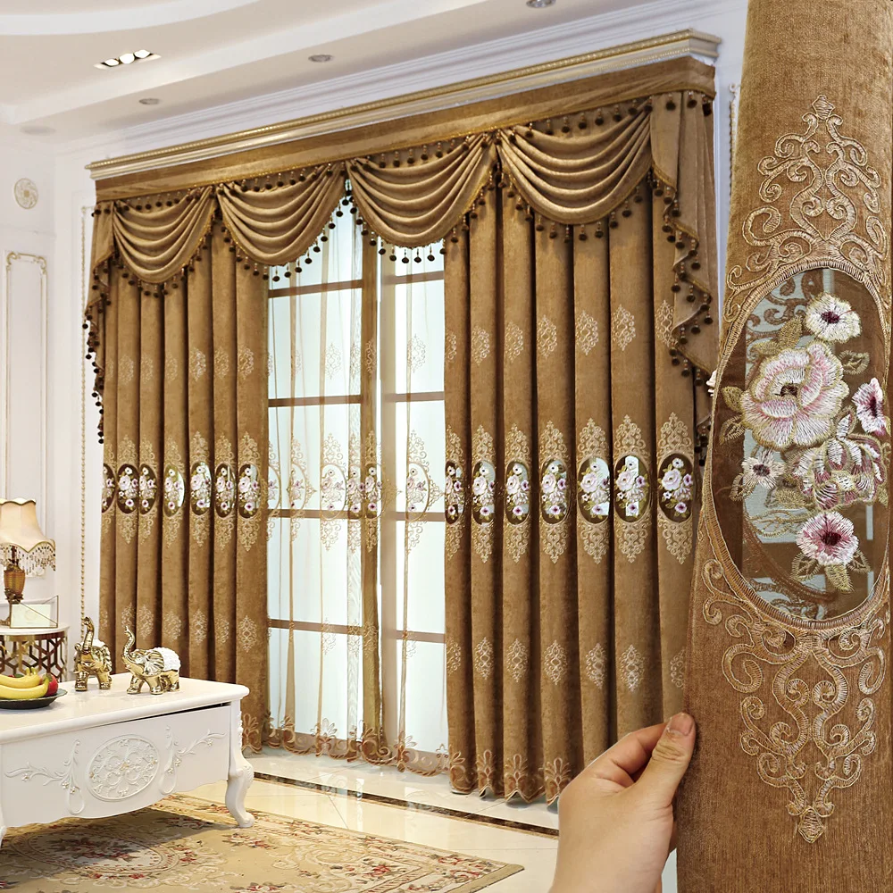 

Living Room Dining Room Bedroom Curtains European Style Chenille Embroidery Finished High Shading Floor Sheer Curtains