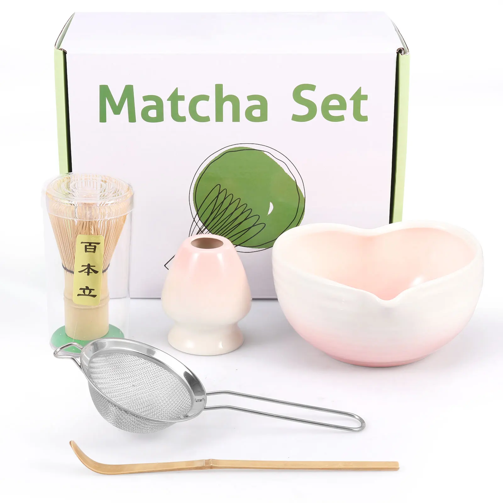 5 Pcs Matcha Set Bamboo Whisk Teaspoon Ceramic Bowl Kit Heart Shape Ceramic Matcha Bowls Set Home Tea-making Tools for Tea Lover