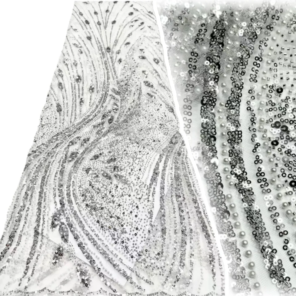 

African Nigerian Tulle Lace Fabric,High Quality，Sequins Embroidery Beaded French GuipureWedding Party Dress, 5Yards, 2025 TP1685