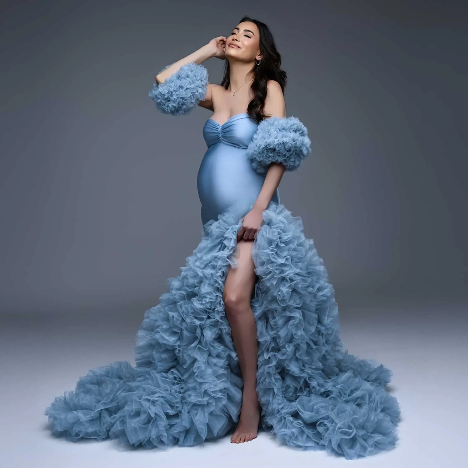 المغبر الأزرق حورية البحر فستان حمل التقطت الصور انفصال الأكمام منتفخ تول ملابس للحمل أناقة الحمل تبادل لاطلاق النار فستان