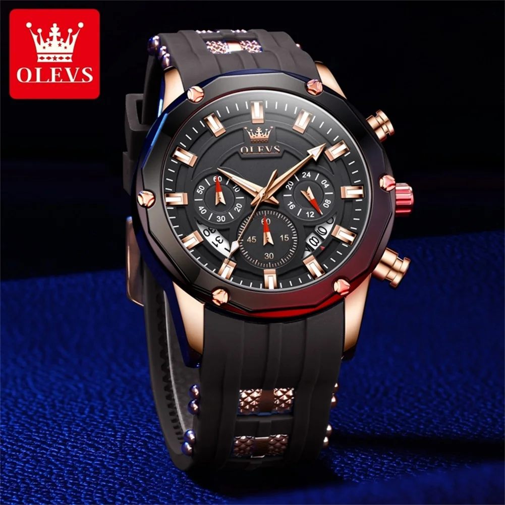 OLEVS Original Quartz Watch for Men Chronograph Calendar Silicone Strap Men\'s Wristwatch Brand Luxury Analog Sports Watches New