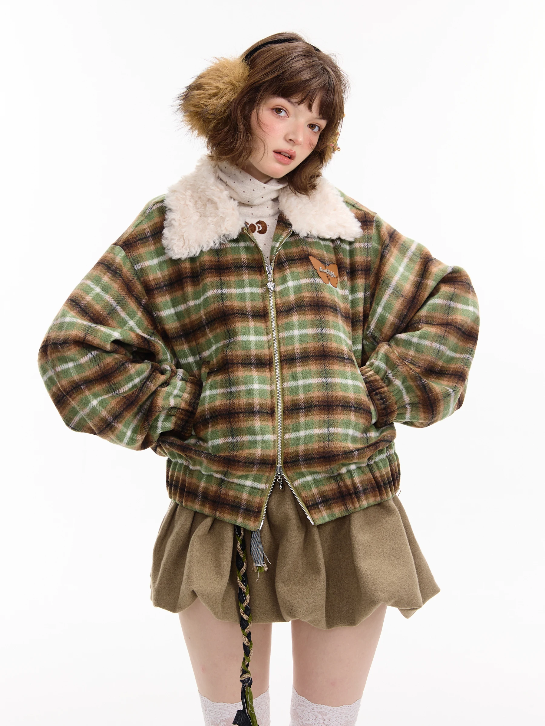 

ZiziFei Women's Thiened American Retro Casual een Plaid Woolen Coat with Fur Collar Autumn Winter Loose Fit Zipper Closure