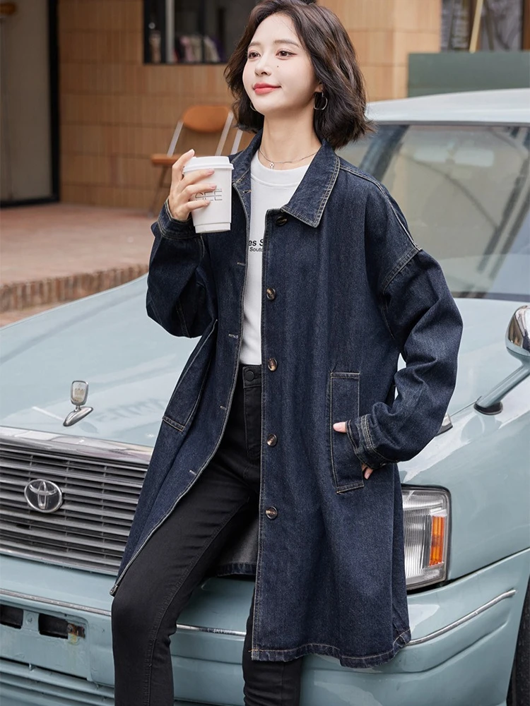 Luxury Brand Women Polo-Neck Oversized Denim Jacket Blue Trench Coat Harajuku Spring Autumn Streetwear Single-Breasted Outerwear