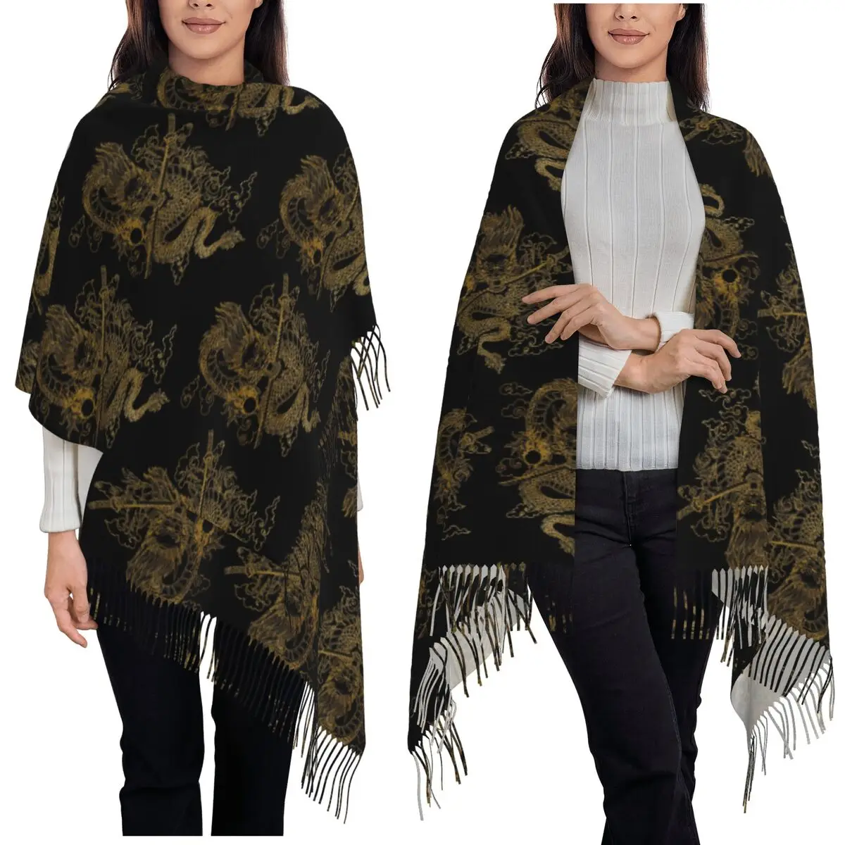 Chinese Dragon Asian Oriental Style Art Scarf Tassel Scarves Women Soft Warm Shawls and Wraps Long Fall Winter Shawl Wrap