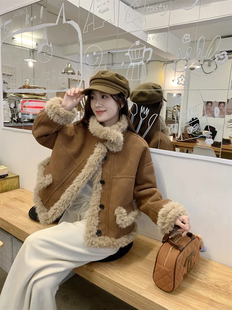 

Lamb Wool Jacket Women'S Down Slim Fit Fancy Anti Freezing Windproof Skiing Thermal Breathable Outdoor Cozy Thick Collar Button