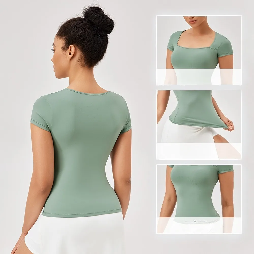 Women Square Neck Short Sleeve Yoga Top Soft Skin-Friendly Quick Dry T-Shirt Breathable Running Fitness Sportswear