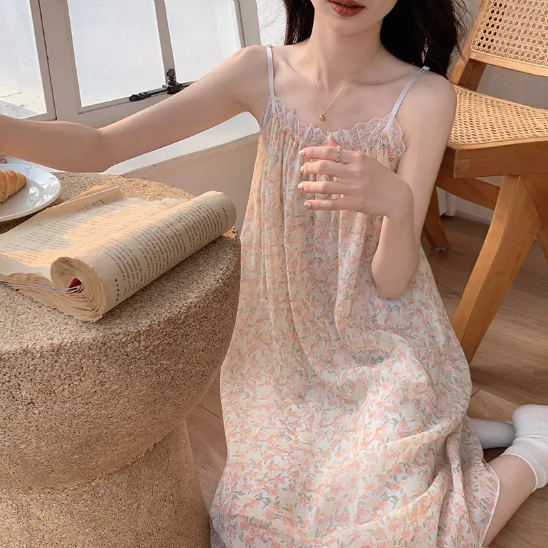 

Summer Ice Silk Lace Trim Nightgown Women's Style Strap Sleepwear round Neck Mid-Length Home Clothes Sweet Style