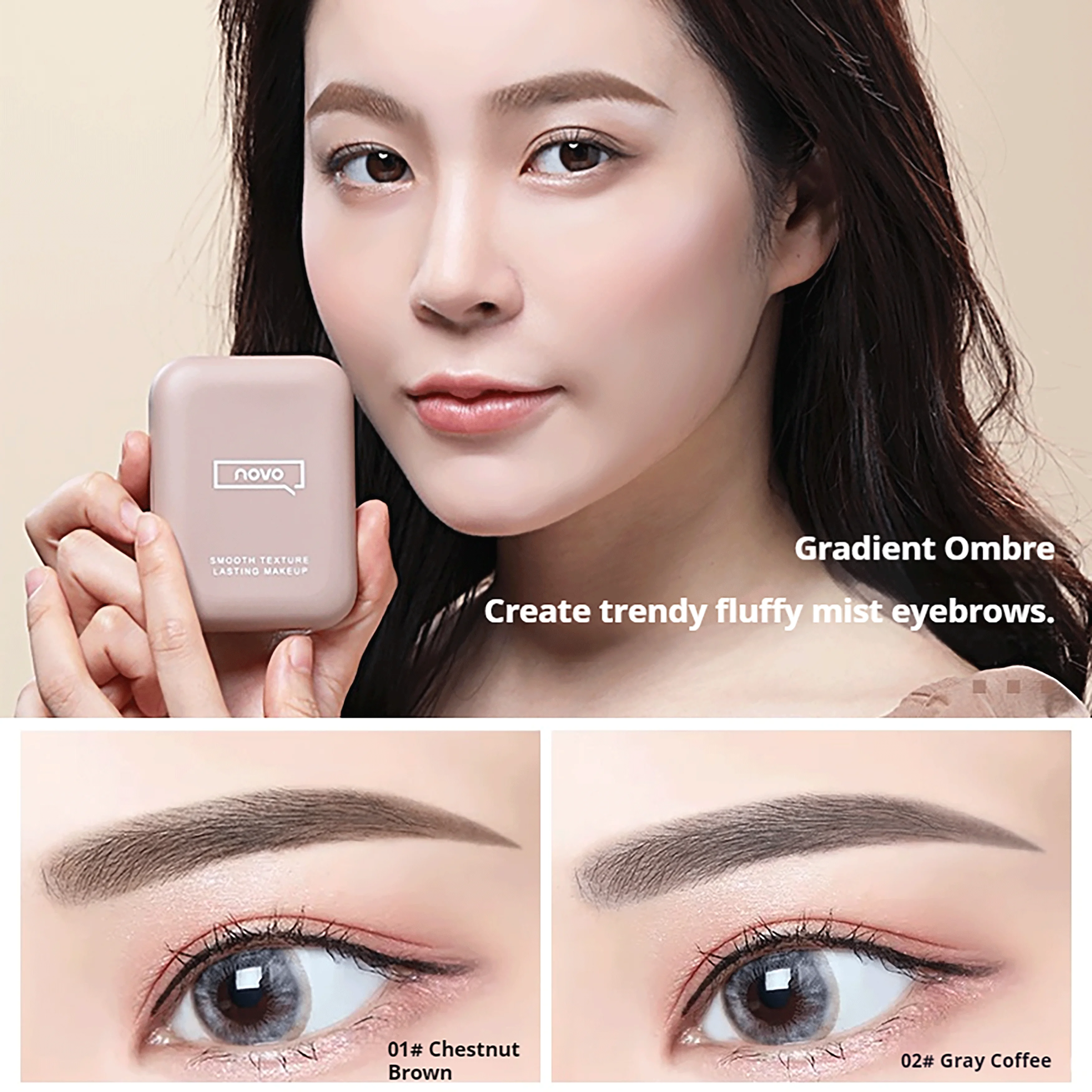 NOVO Waterproof and sweat-resistant natural-looking brows in three shades. Long-lasting brow powder that stays put.