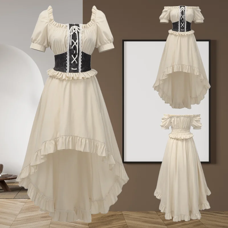 

Medieval Women Dress Renaissance Costume Vest Victoria Princess Cosplay Role Play Outfit Short Sleeve Clothes Theme Party