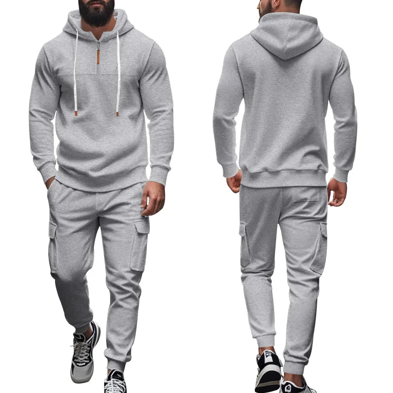 Mens Fleece Lined Hooded Tracksuit Set Long Sleeve Sweatshirt Joggers Cross-border Sportswear For Autumn Winter Casual Wear