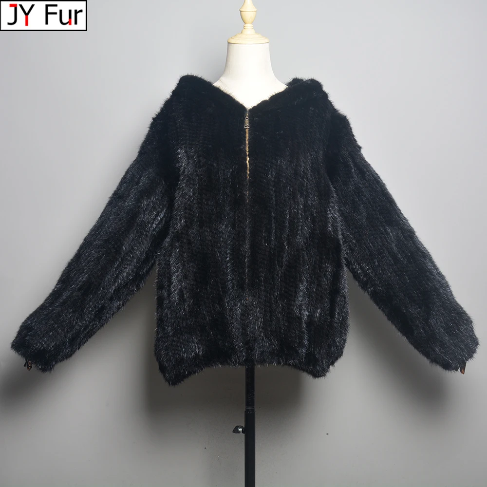 

2024 New Women Mink Fur Coat Long-Sleeve Hooded Casual Jacket Fashion All-match Zipper Knitted Outerwear Jacket Custom Plus Size