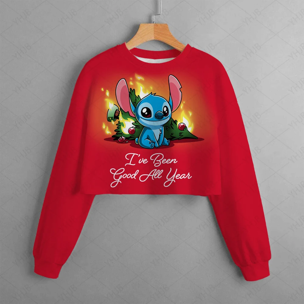 

2025 New Disney Children Clothes Stitch Girls Spring and Autumn Girls Short Sweatshirt Print Pullover Casual Cartoon Girls Top