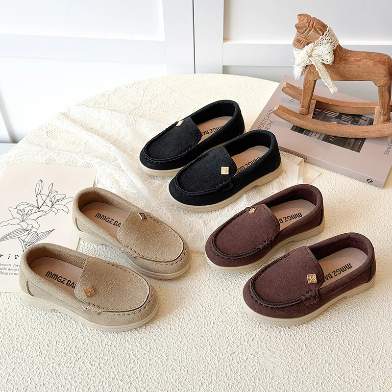 

Moccasins Slip on Princess Low Heels Shoes Anti-Skid Kids Suede Leather Shoes Loafers Girls Causal Shoes Child Pure Color