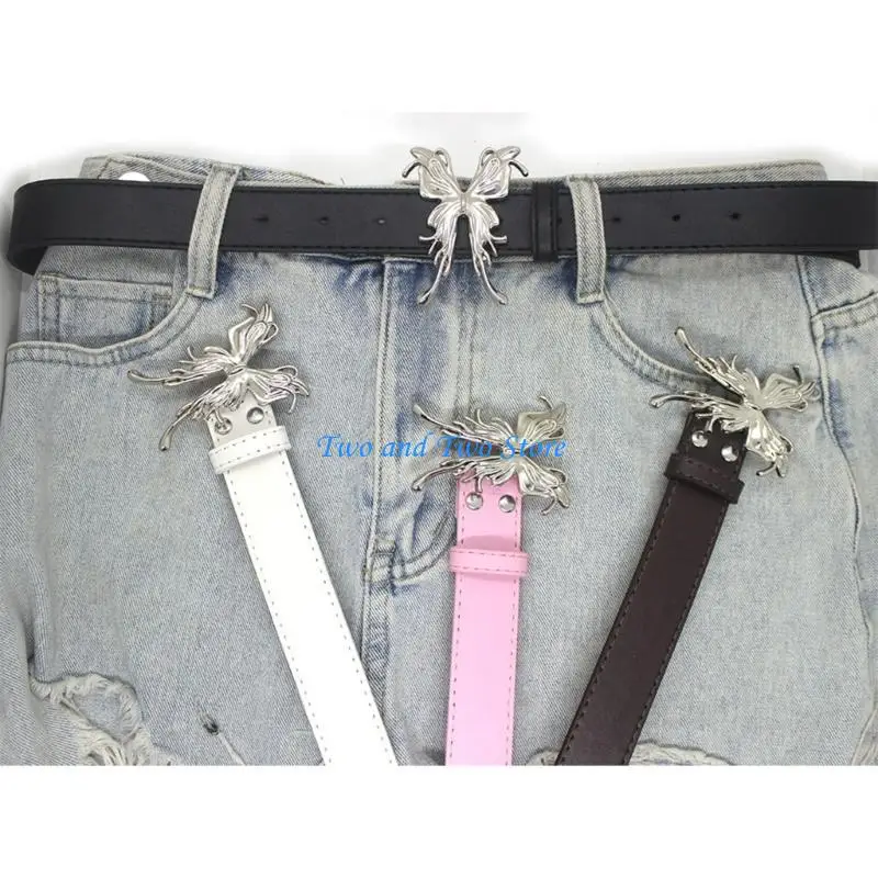 

HX6F Pin Buckle PU Leathers Belt Woman Waist Decor Pants Belt Butterfly Buckle Belt