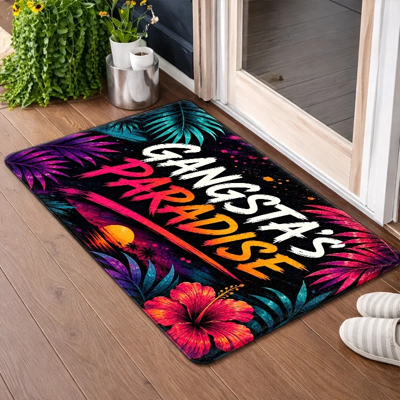 1pc, 2D Gangsta'S Paradise  Rug, Durable And, Machine-Washable, with Tropical Palm And Hibiscus Sunset Design, Ideal for Livin