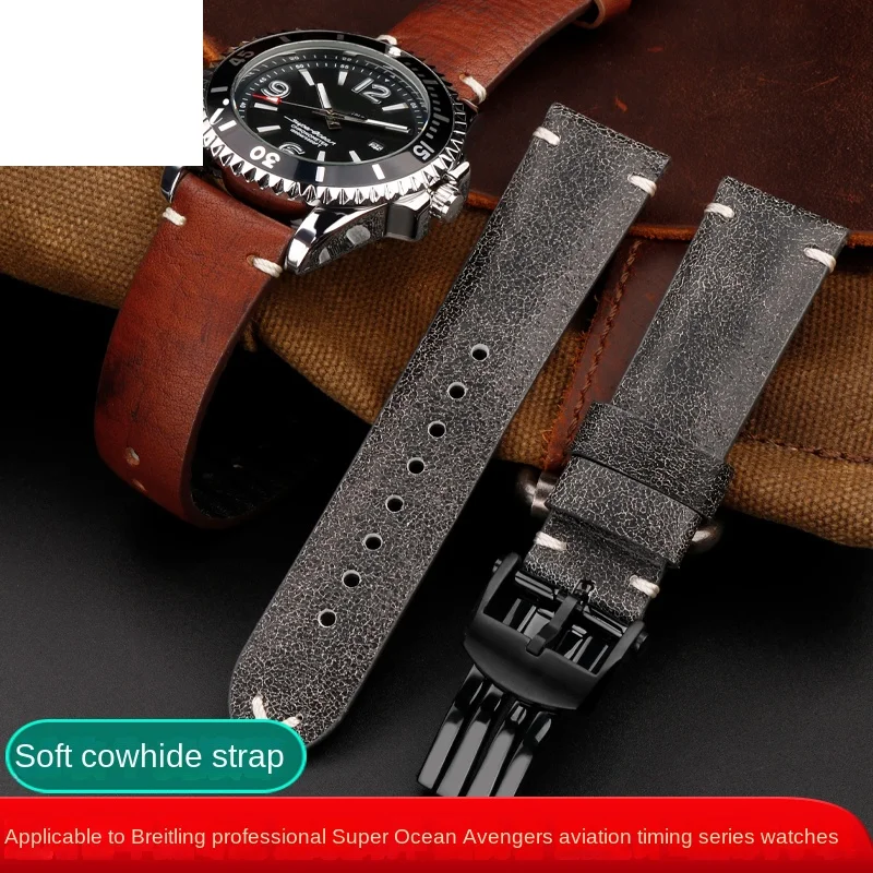 

Vintage cowhide watch strap suitable for the Breitling Super Ocean Challenger Avengers reconnaissance aircraft series strap 22mm