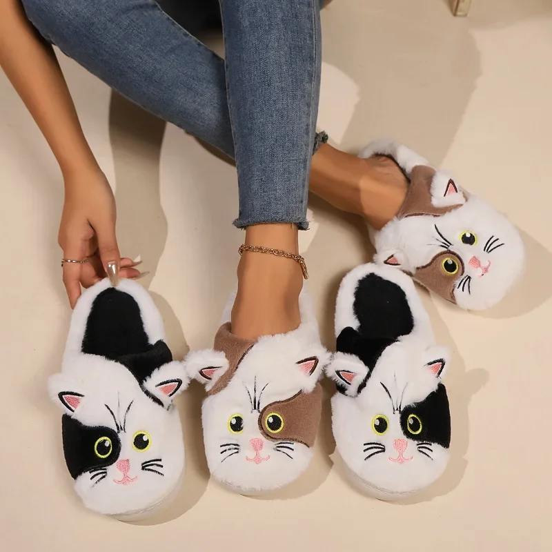 Women Winter Cartoon Cat Warm Plush Slippers Couple New Indoor Non-slip House Men Warm Thick Sole Home Cotton Fluffy Slippers