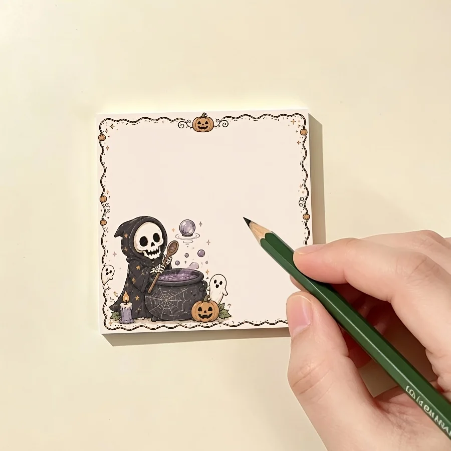 300/100-Piece Set Halloween Grim Reaper and Gothic Style Memo Pads with Skull, Witch, and Crucible Designs - Ghost and Pumpkin Desktop Writing Paper, Suitable for Journaling, Office Use, and Study - Square Stationery f