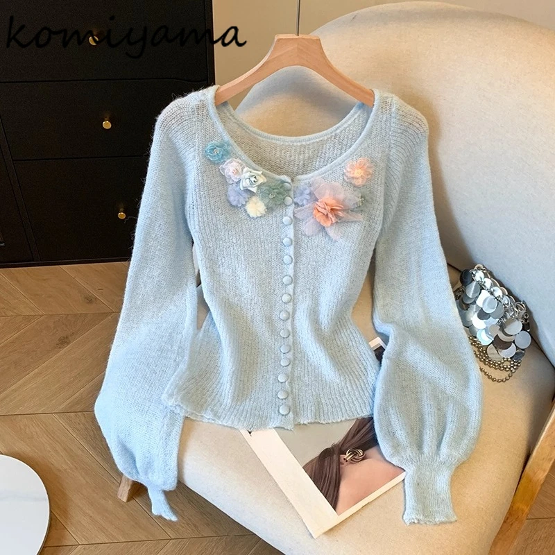 

Beads Flower Woman 2025 Cardigan Bottomed Knitted Ropa Mujer Beautiful Sweatero-neck Pulls Femmes Autumn Winter Clothes