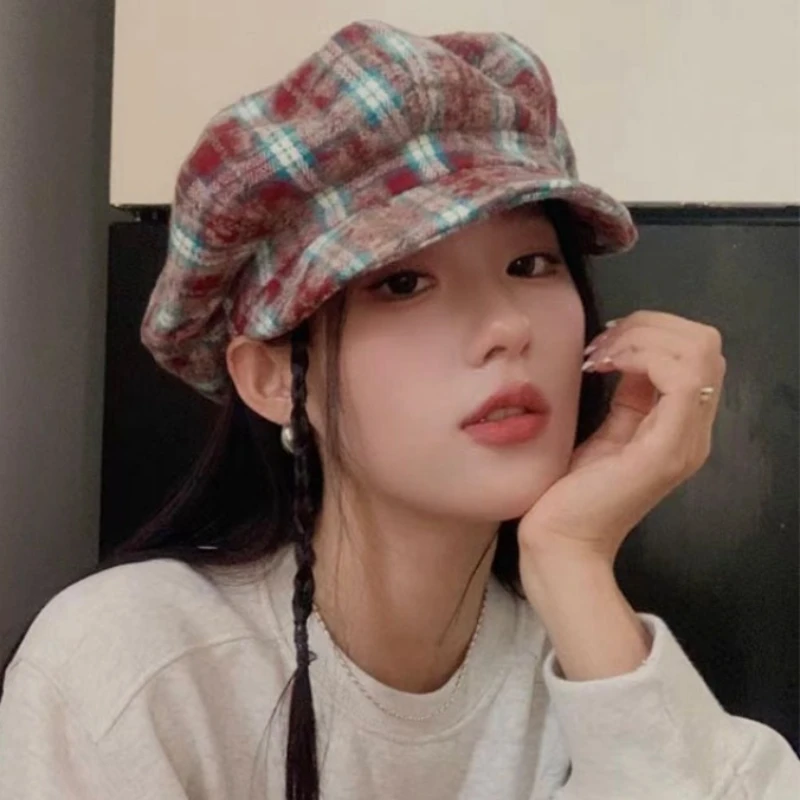 

Autumn New Contrasting Color Plaid Berets for Women Korean Ins Personalized Versatile Show Face Small Literary Painter Hats