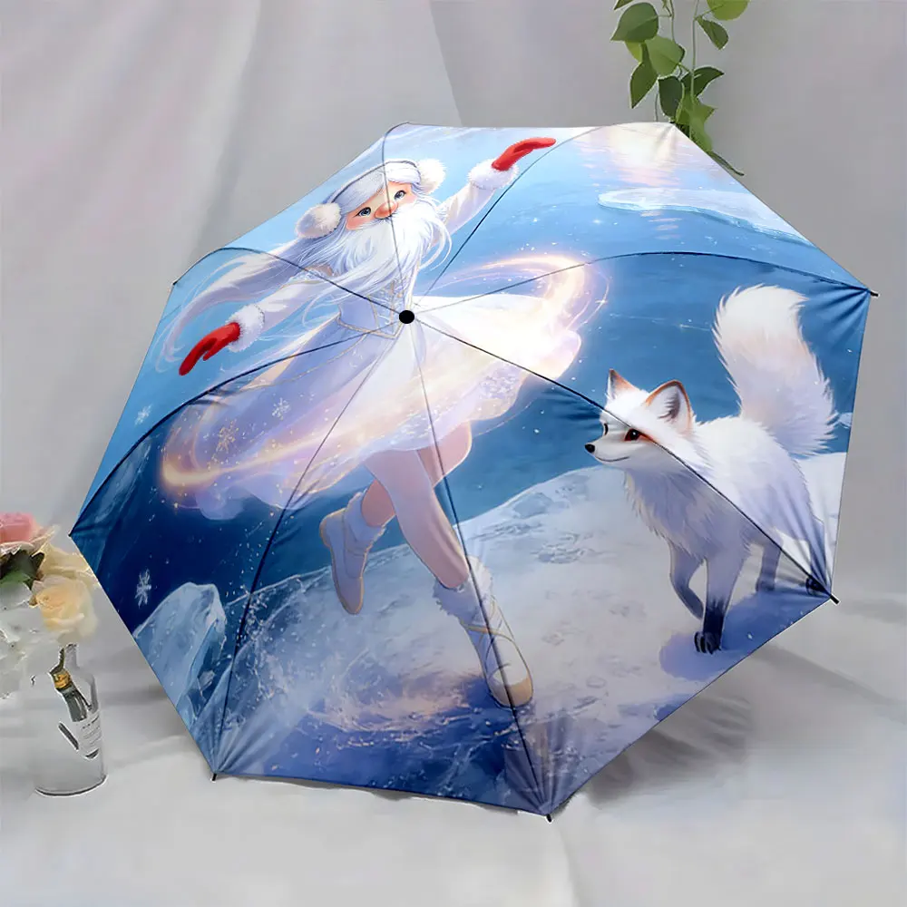 1PC Fantasy Ice Queen Dancing with Arctic Fox Umbrella Design Print 8 Iron Ribs Folding Umbrella Auto-Open Fashion Sunshade