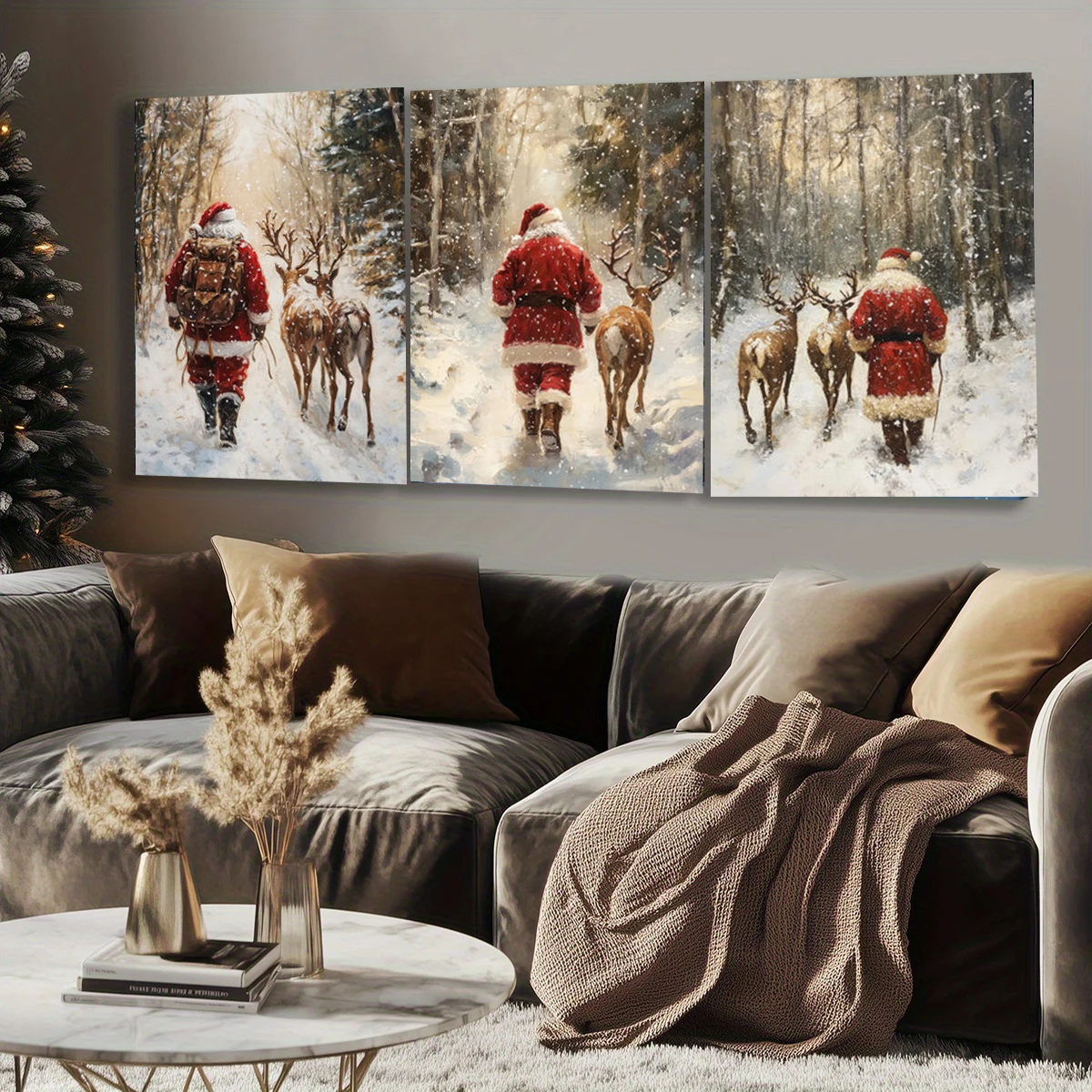 3PC Christmas Posters, Depicting Santa Claus and His Reindeer Walking Through A Snowy Wnter Forest, Creating A Festive Christma