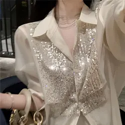 Fashion Sequined Solid Color Office Lady Shirt Female Korean Polo-Neck Elegant 2023 Spring Autumn Single-breasted Loose Blouse