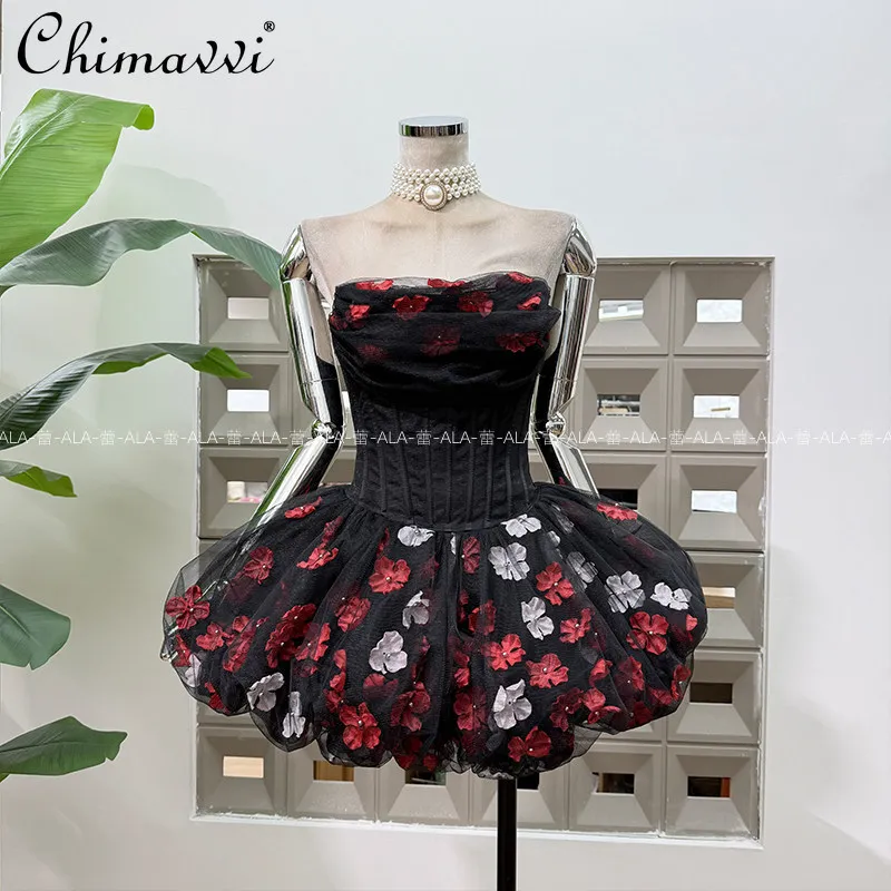 

2026 Spring/Summer New High-End Birthday Party Short Dress French Style Beautiful Flower Jellyfish Mesh Fishbone Bubble Dress