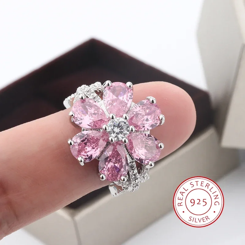 Exquisite Colorful Zircon 925 Silver Ring Women for Ring Fashion Pink Flowers Women's Engagement Ring Party Jewelry Peach