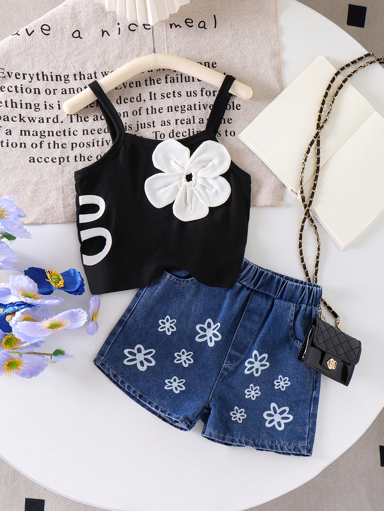Children's Clothing European and American Cross-border Children's Clothing Black Suspender Top Denim Shorts