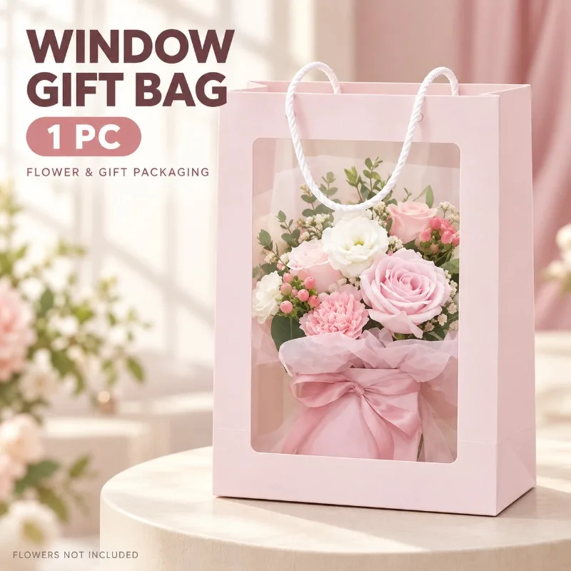 Sac cadeau avec fenêtre transparente, 1 pièce, avec poignées, idéal pour l’emballage de cadeaux floraux, les mariages, Noël, la Saint-Valentin et les fêtes.