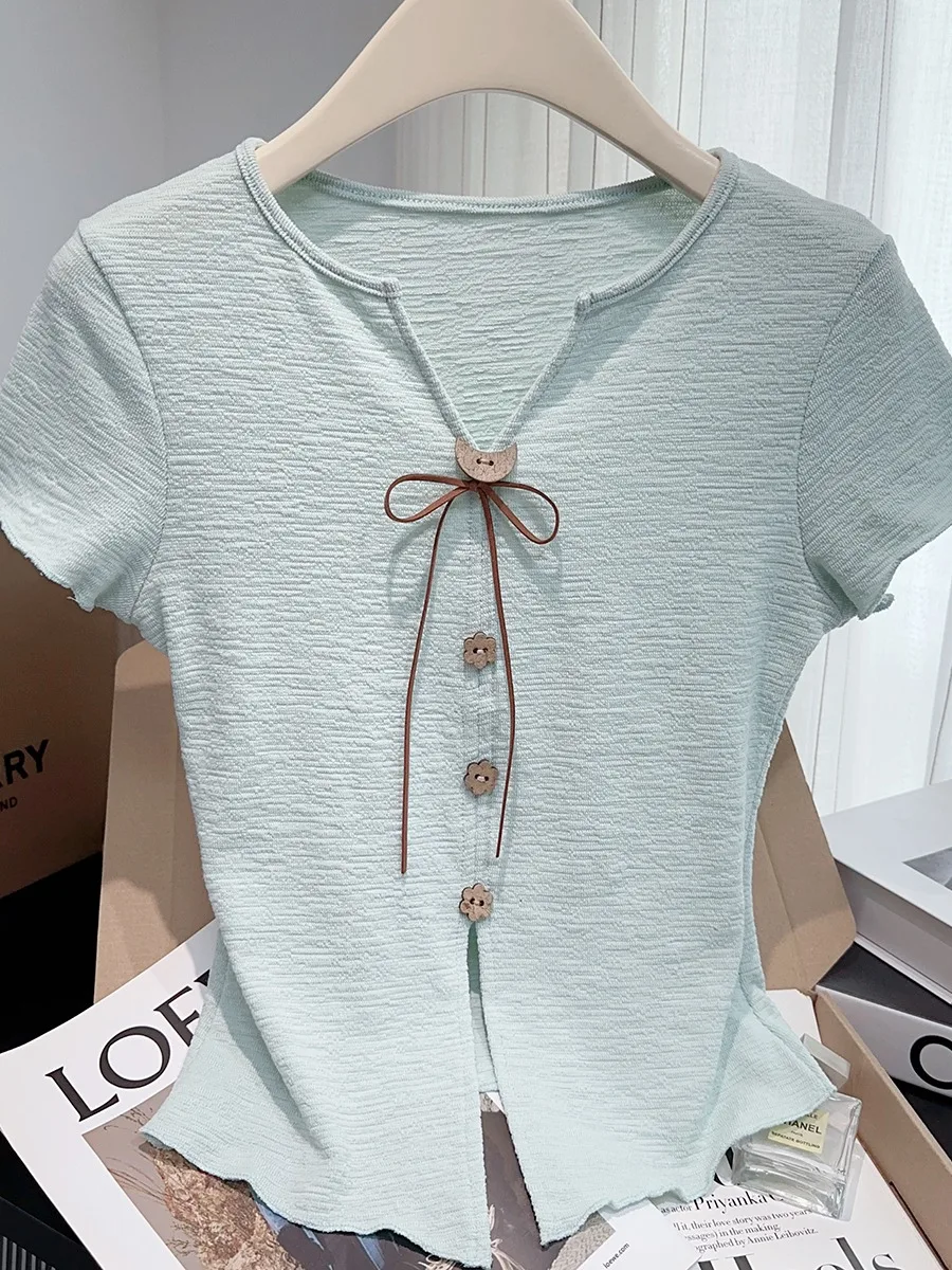 

Mint een Ice Silk Knitted Top Women Summer Thin oulder V Ne ort Sve Unique Beautiful irt Commute Sle Korean Ve...