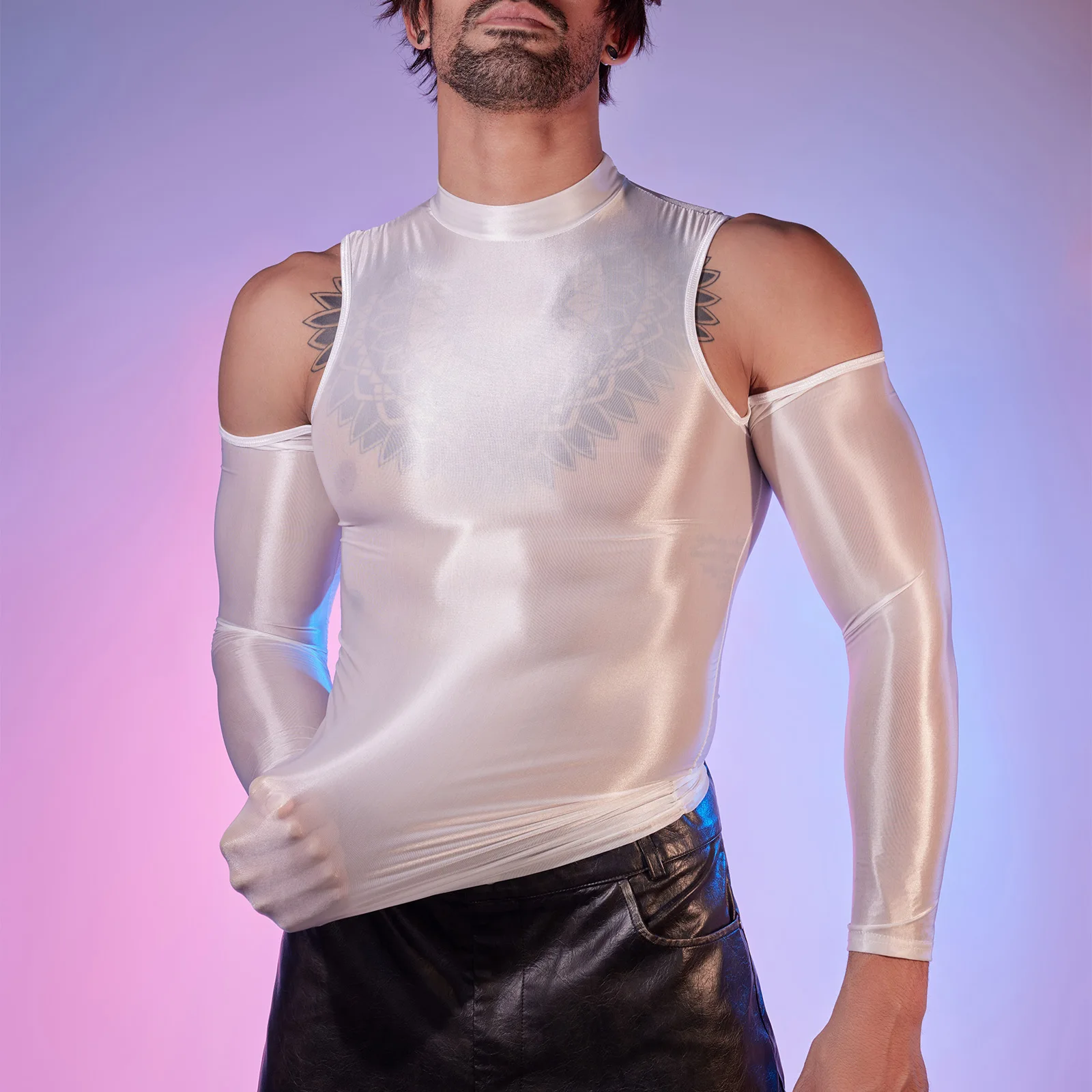 Sexy Men's See-through Shirt Ultra-thin Breathable Off-the-shoulder Smooth Stretchy Tight Lingerie Fashion Nightclub Underwear