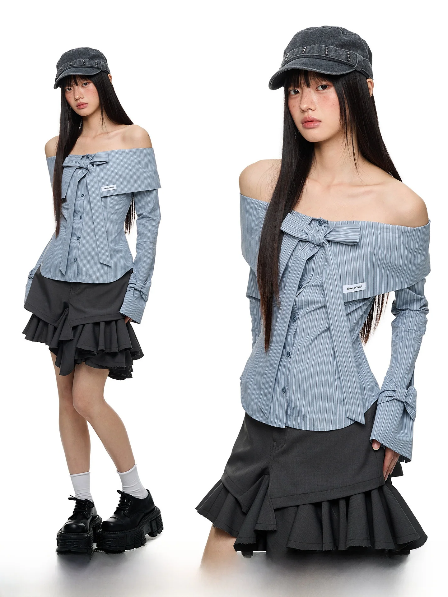 

JIKOO Korean Sle Long Sve irt Bow Knot One oulder Slim Fit Cotton Polyester Blend Breathable Casual Women's Top